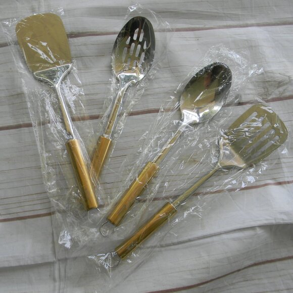 NEW BERGLANDER SILVER/GOLD 4 PC SERVING SPOON/SLOTTED/SPATULA SET - Picture 1 of 4